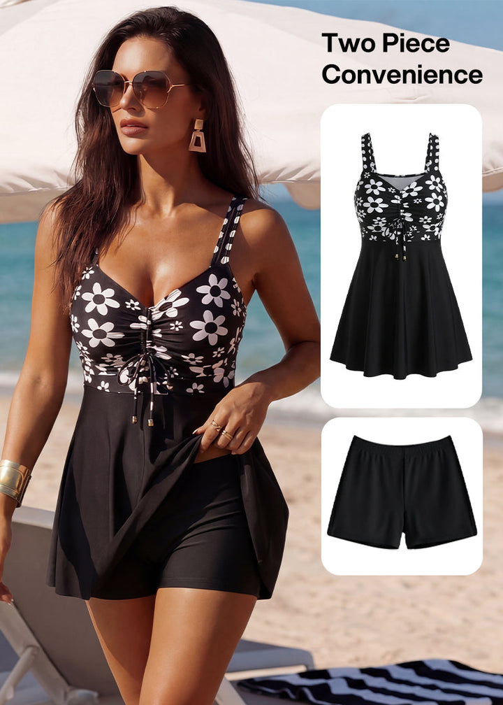 Sleeveless Floral Swimdress &amp; Bottom Set with Adjustable Bust Tie
