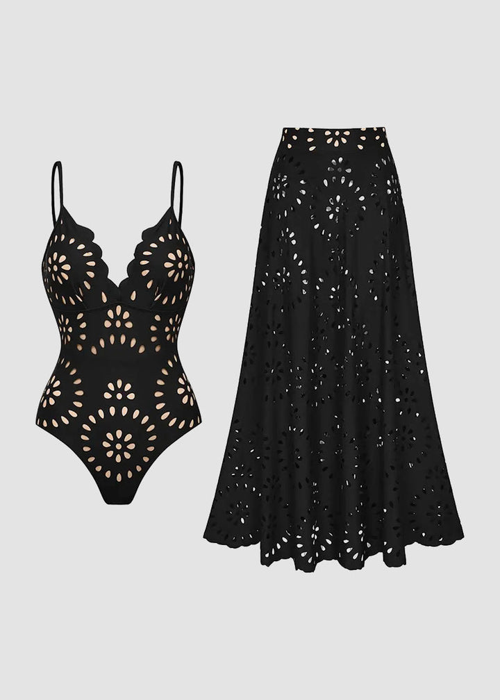 Floral Laser-Cut Hollow One-Piece Swimsuit with Skirt
