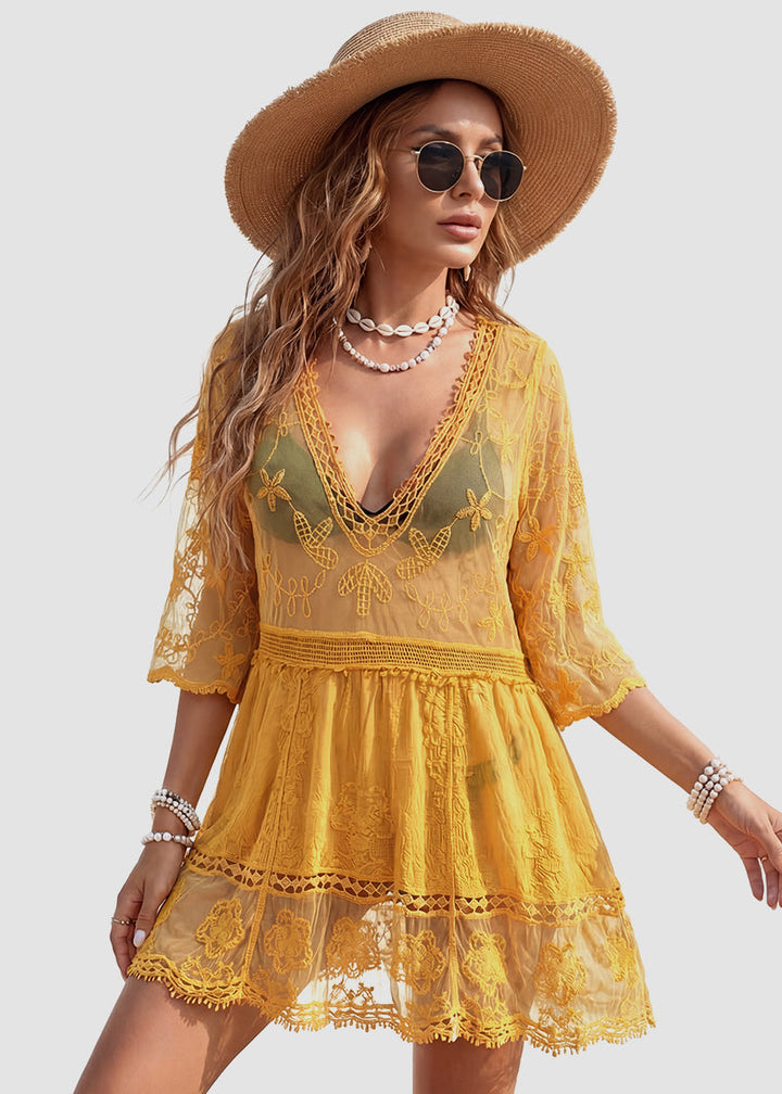 Contrast Lace Bathing Suit Cover Up V-Neck Swimsuit Coverups