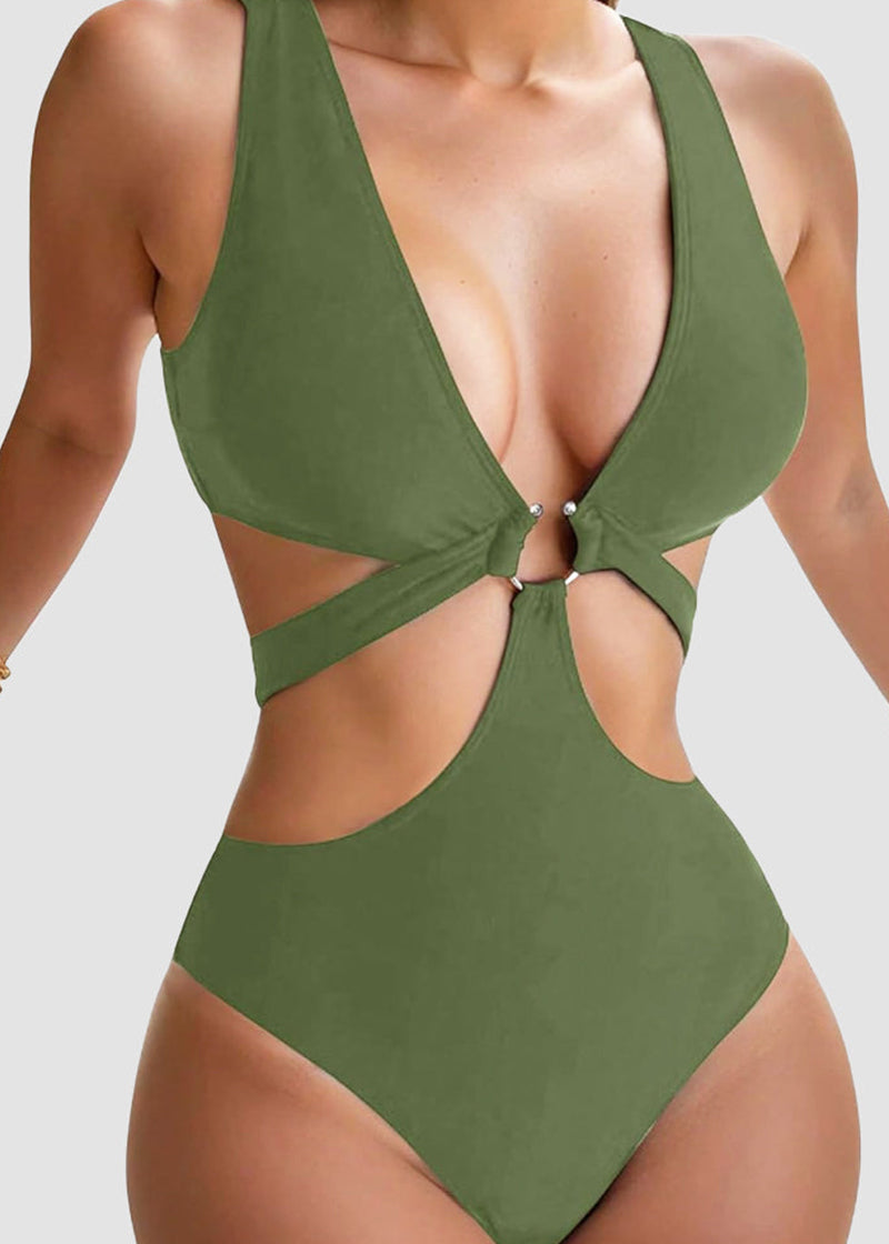 BIKINI BRIGADE Sexy Metal O Ring Linked Cutout Low Cut One Piece Swimsuit