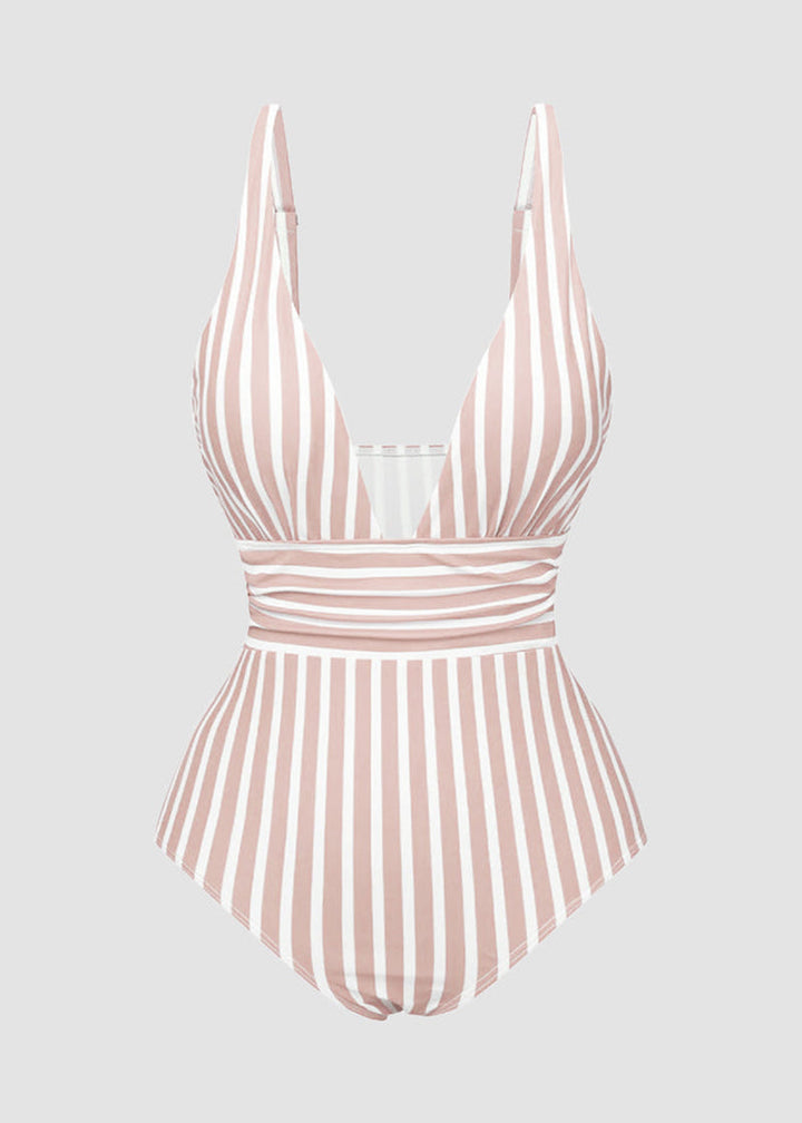 BIKINI BRIGADE Striped Plunging Neck Bust Shaper One Piece Swimsuit