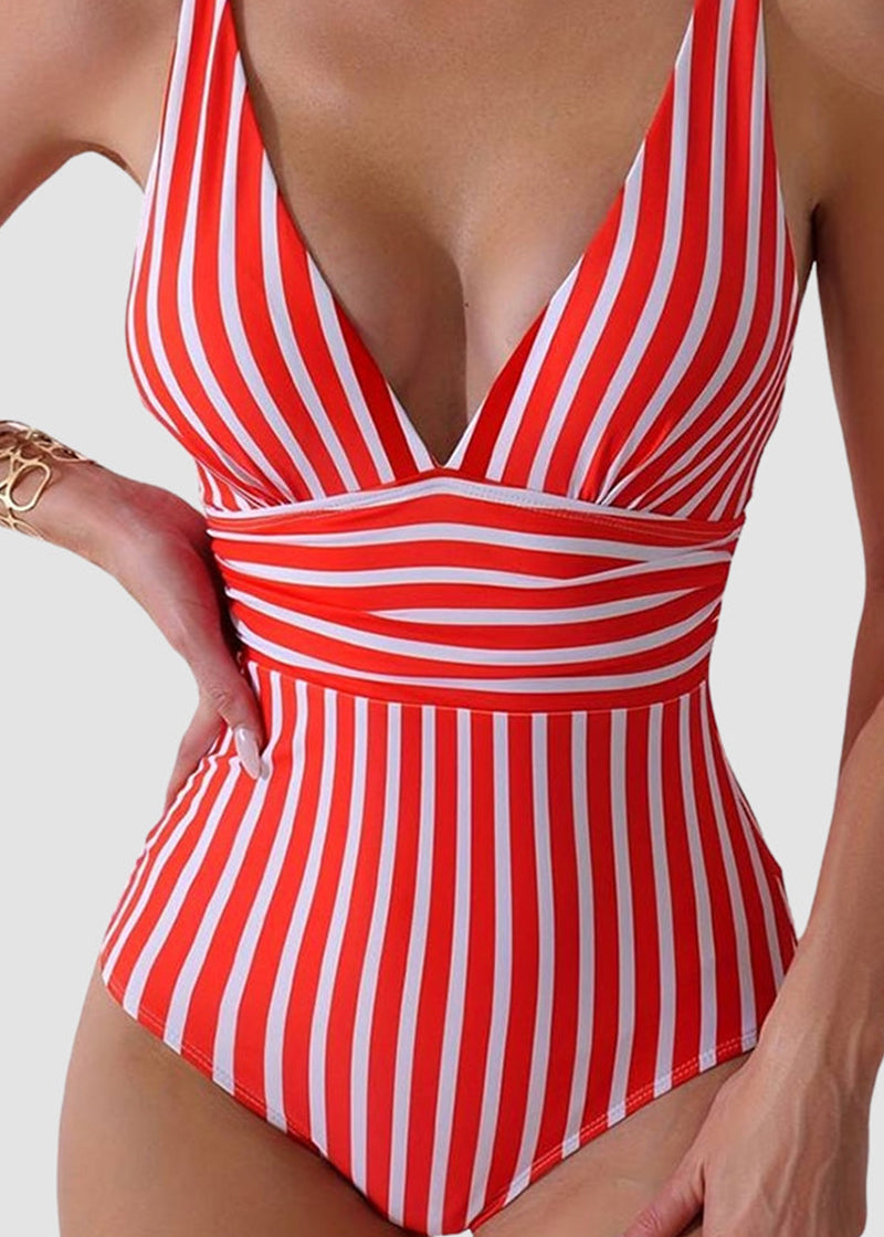 BIKINI BRIGADE Striped Plunging Neck Bust Shaper One Piece Swimsuit
