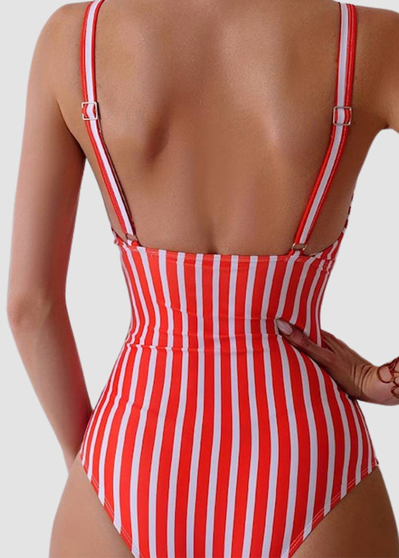 BIKINI BRIGADE Striped Plunging Neck Bust Shaper One Piece Swimsuit