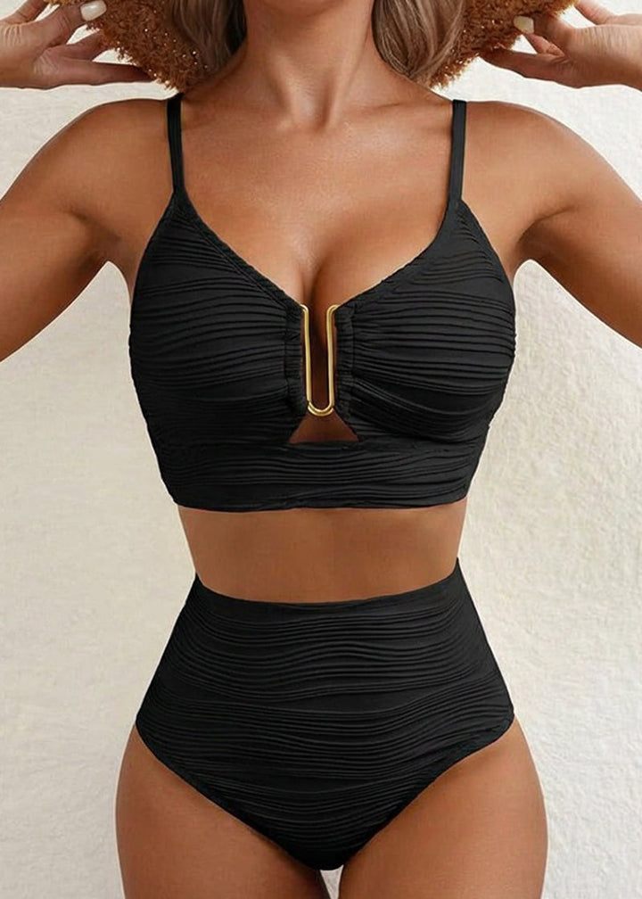 Textured U-Wire Cutout High Waisted Bikini Set