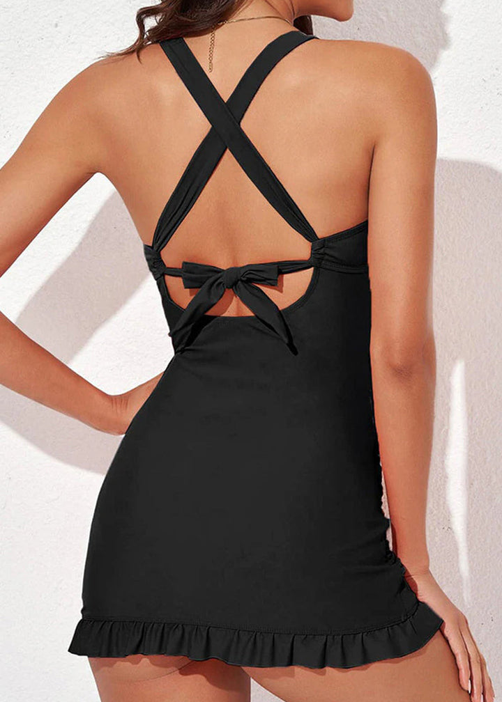 Deep V Cross-Back Ruched One-Piece Swimsuit