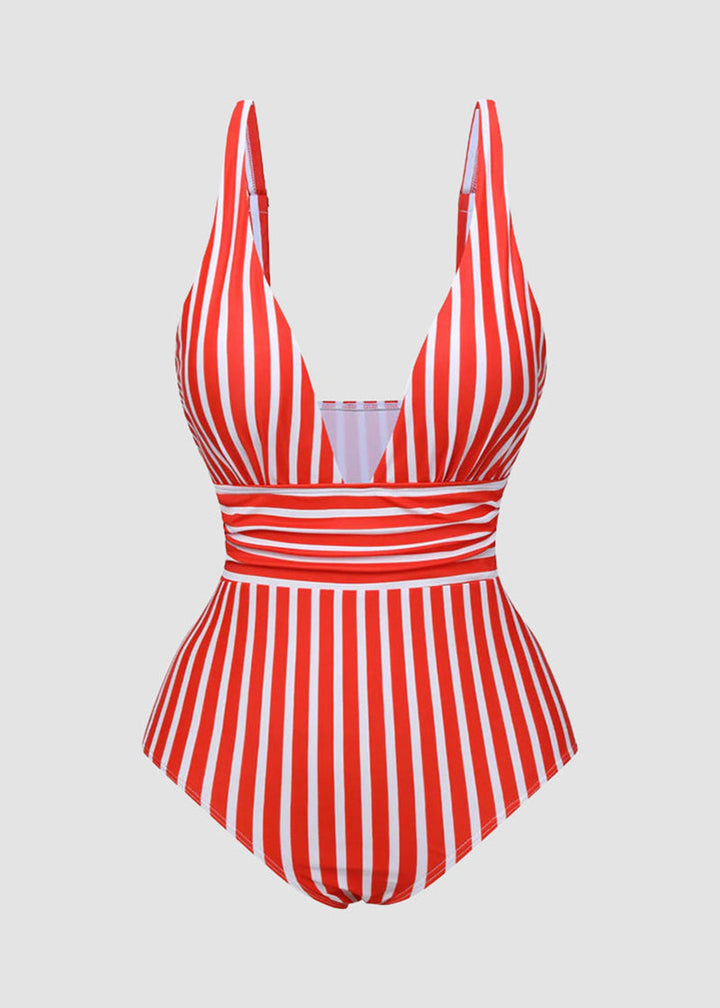 BIKINI BRIGADE Striped Plunging Neck Bust Shaper One Piece Swimsuit