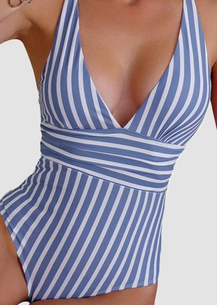 BIKINI BRIGADE Striped Plunging Neck Bust Shaper One Piece Swimsuit