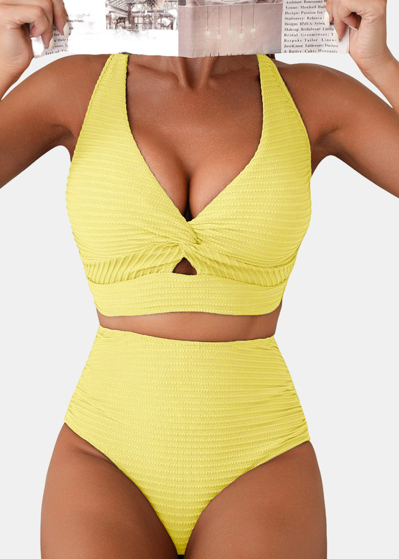 Textured Knot-Front High-Waisted Bikini Set