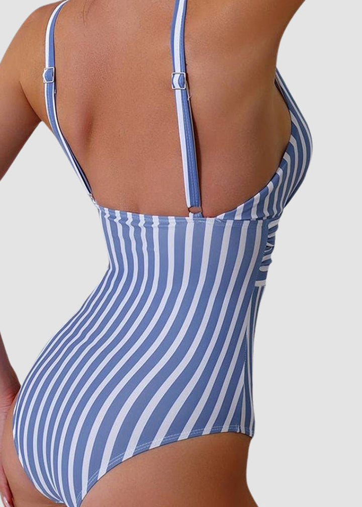 BIKINI BRIGADE Striped Plunging Neck Bust Shaper One Piece Swimsuit