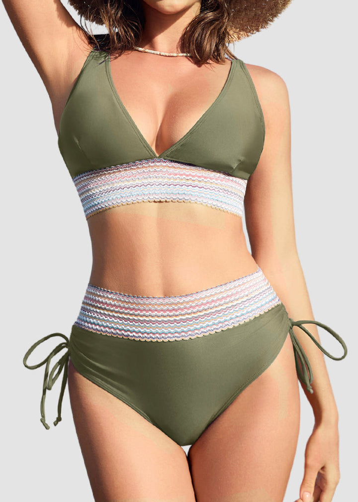 High Waisted Tummy Control Color Block Bikini Sets