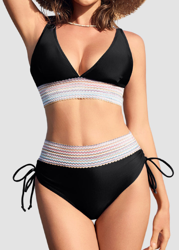High Waisted Tummy Control Color Block Bikini Sets