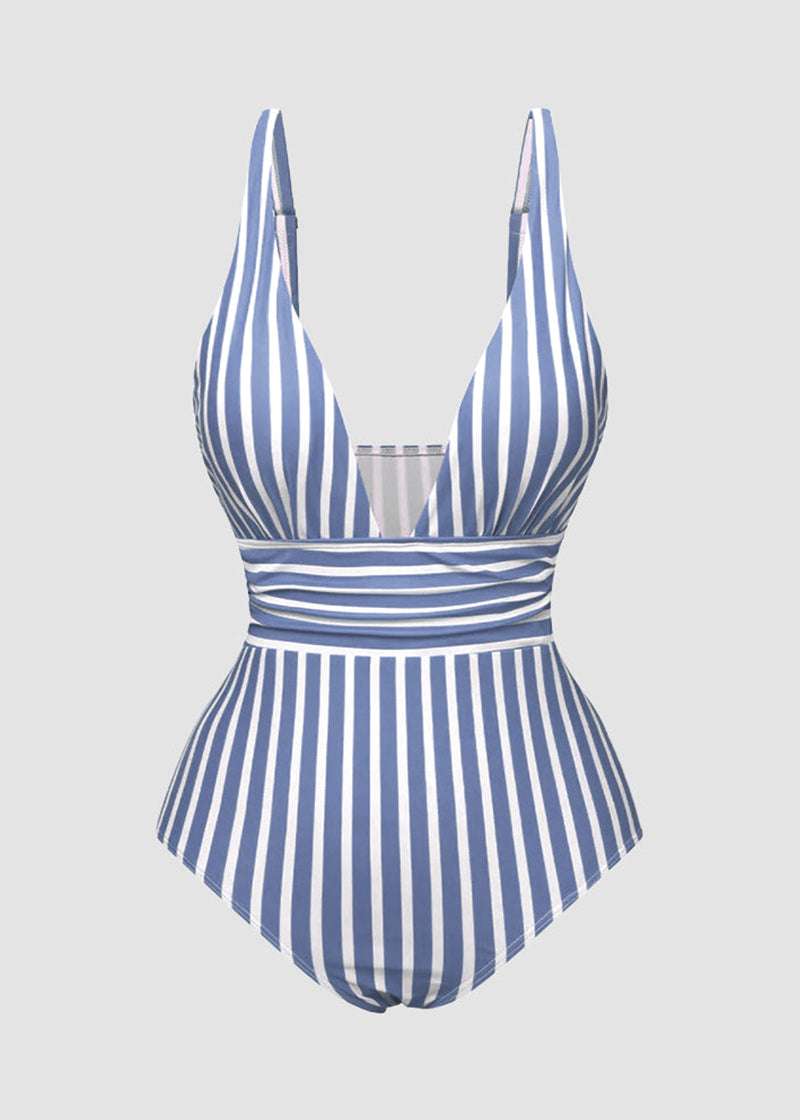 BIKINI BRIGADE Striped Plunging Neck Bust Shaper One Piece Swimsuit