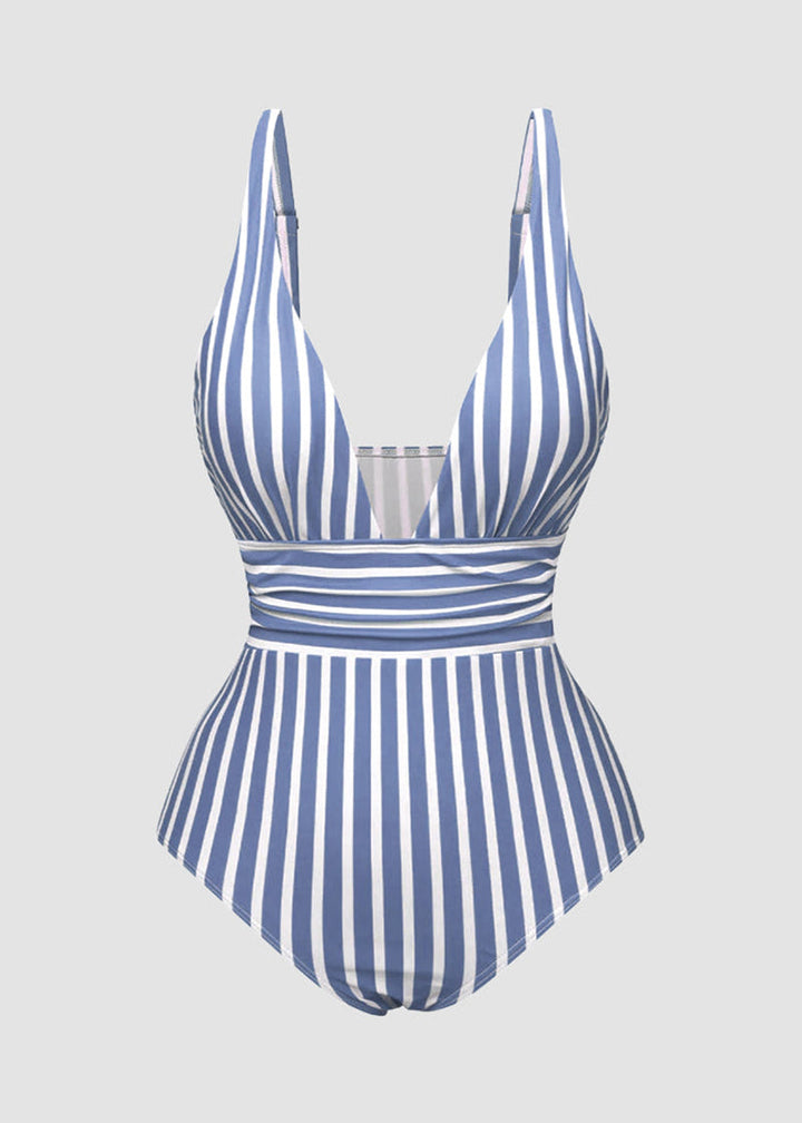BIKINI BRIGADE Striped Plunging Neck Bust Shaper One Piece Swimsuit