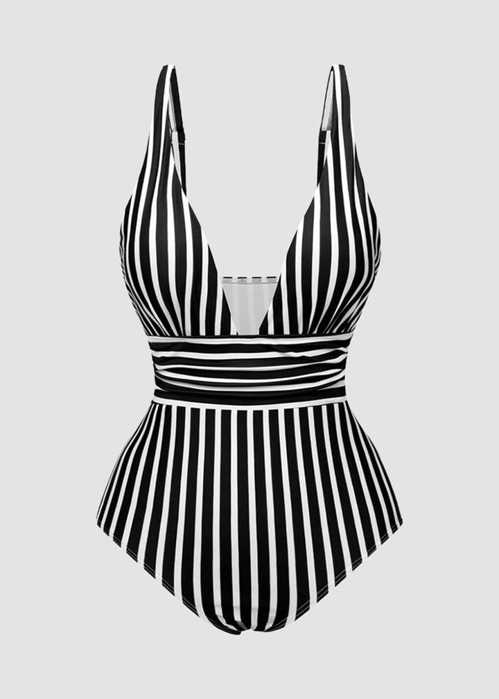 BIKINI BRIGADE Striped Plunging Neck Bust Shaper One Piece Swimsuit