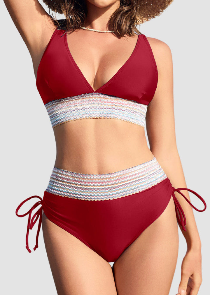High Waisted Tummy Control Color Block Bikini Sets