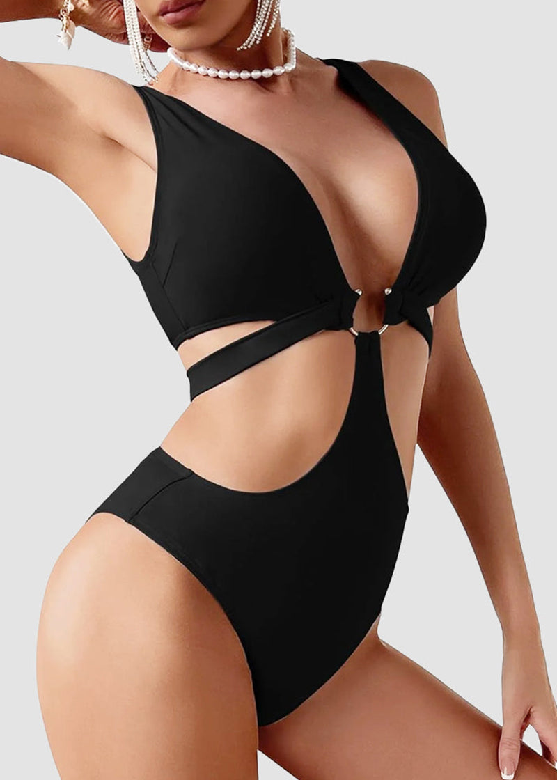 BIKINI BRIGADE Sexy Metal O Ring Linked Cutout Low Cut One Piece Swimsuit