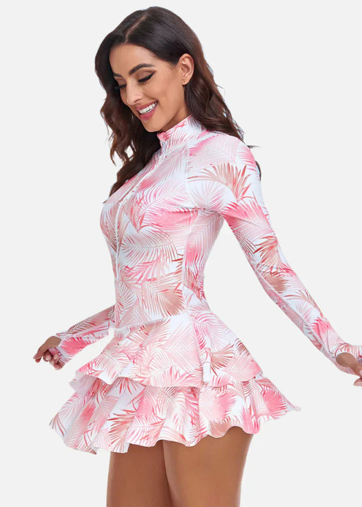 BIKINI BRIGADE One-Piece Long Sleeve Ruffle Skirt Swimsuit