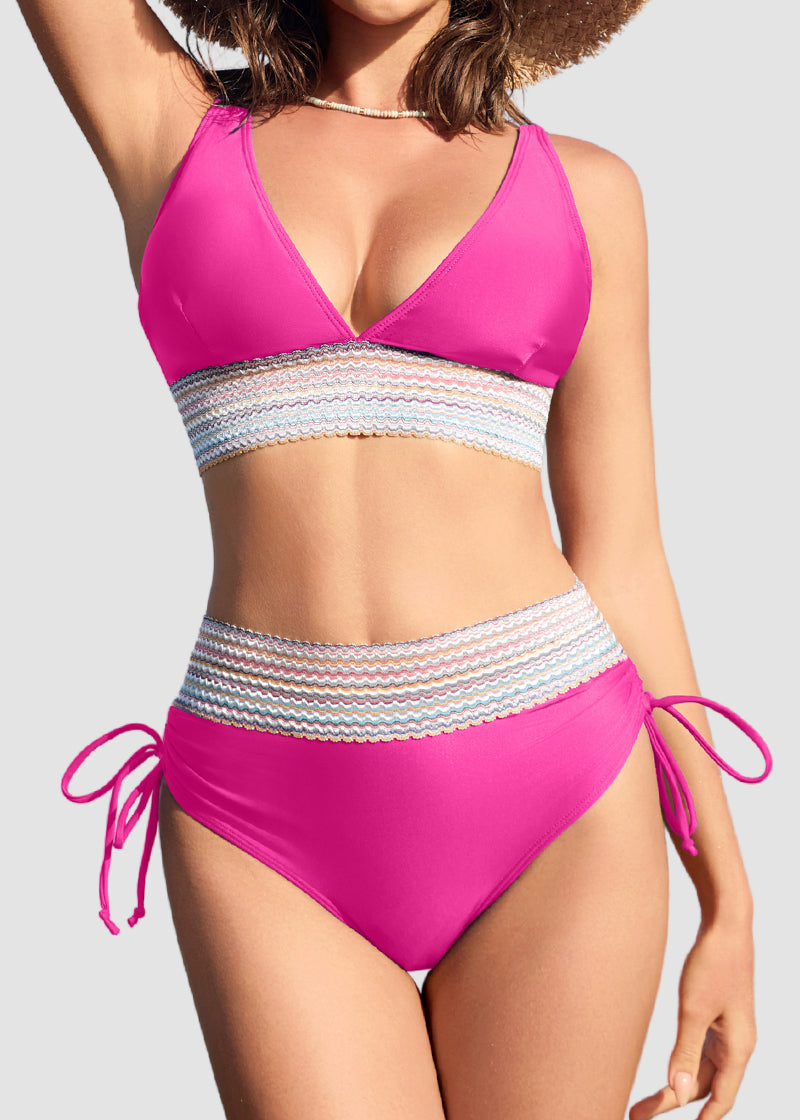 High Waisted Tummy Control Color Block Bikini Sets