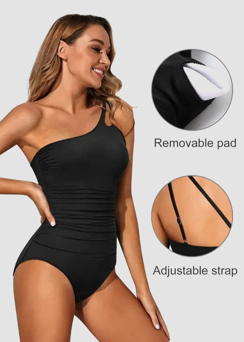 BIKINI BRIGADE One Shoulder Tummy Control Patterned Back One Piece Swimsuit