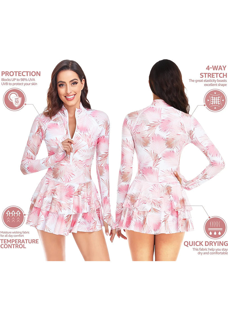 BIKINI BRIGADE One-Piece Long Sleeve Ruffle Skirt Swimsuit