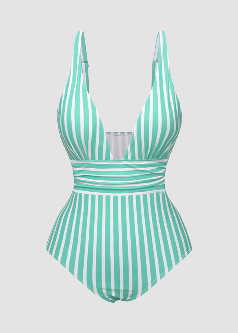 BIKINI BRIGADE Striped Plunging Neck Bust Shaper One Piece Swimsuit