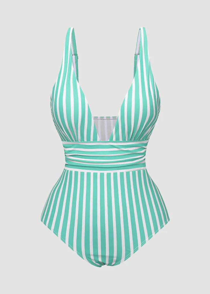 BIKINI BRIGADE Striped Plunging Neck Bust Shaper One Piece Swimsuit