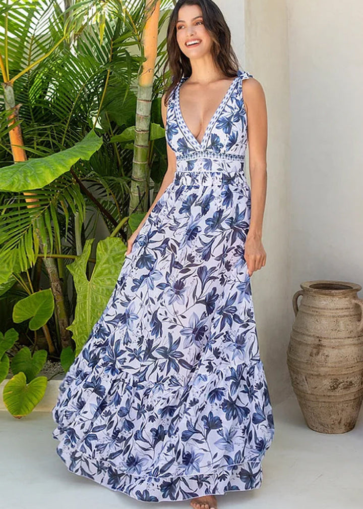 V Neck Lace Up Printed One Piece Swimsuit and Skirt