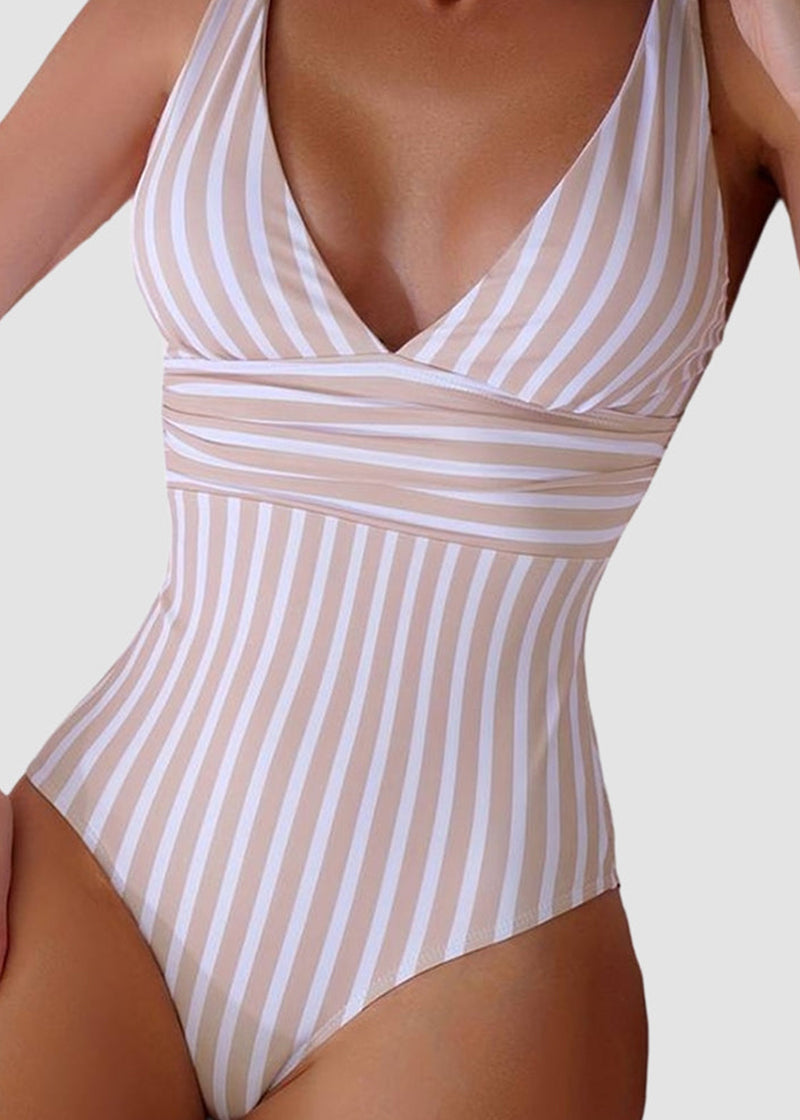 BIKINI BRIGADE Striped Plunging Neck Bust Shaper One Piece Swimsuit