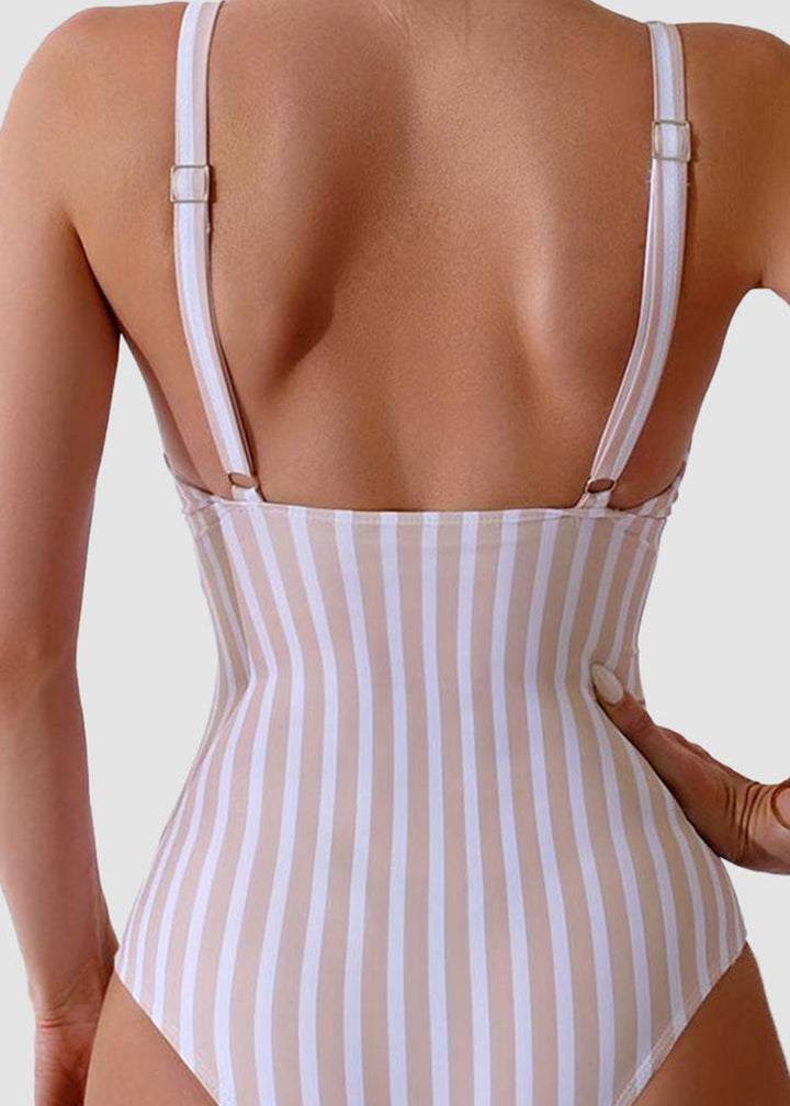 BIKINI BRIGADE Striped Plunging Neck Bust Shaper One Piece Swimsuit