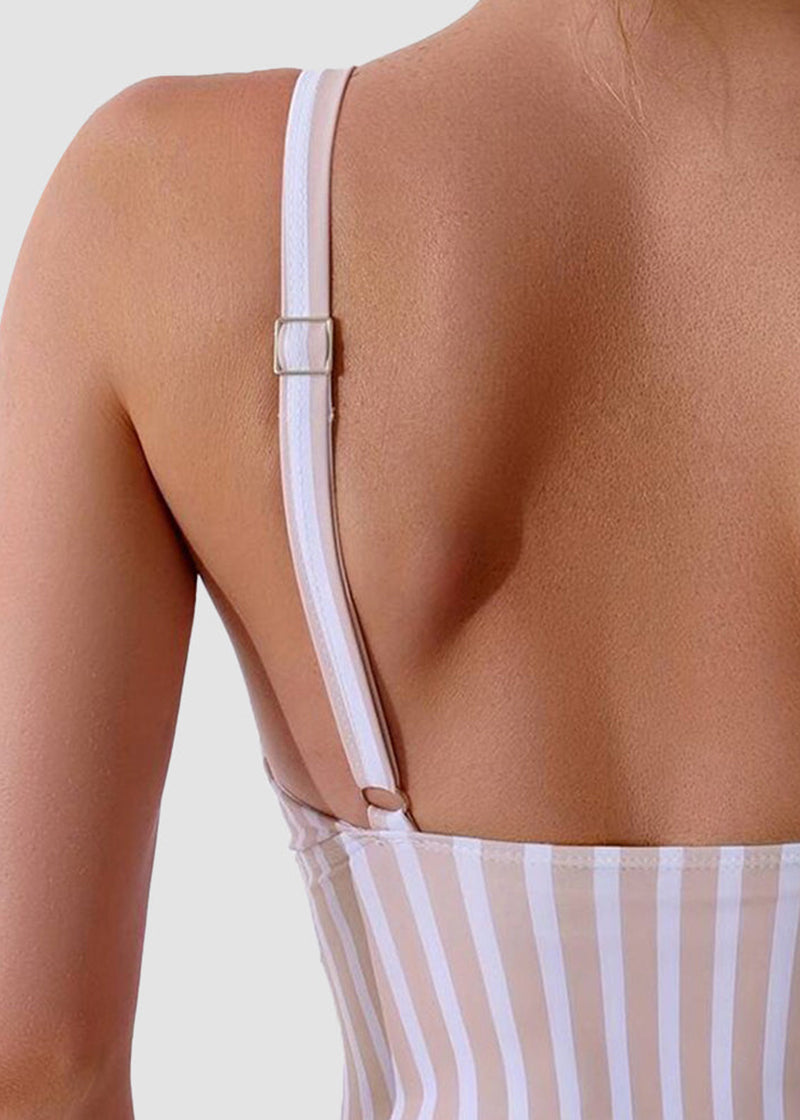 BIKINI BRIGADE Striped Plunging Neck Bust Shaper One Piece Swimsuit