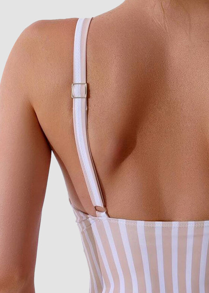 BIKINI BRIGADE Striped Plunging Neck Bust Shaper One Piece Swimsuit